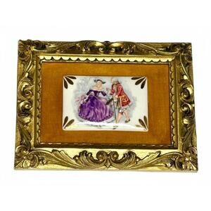 Vintage Framed Porcelain Miniature – Hand-Painted Rococo Couple – Gilt Frame